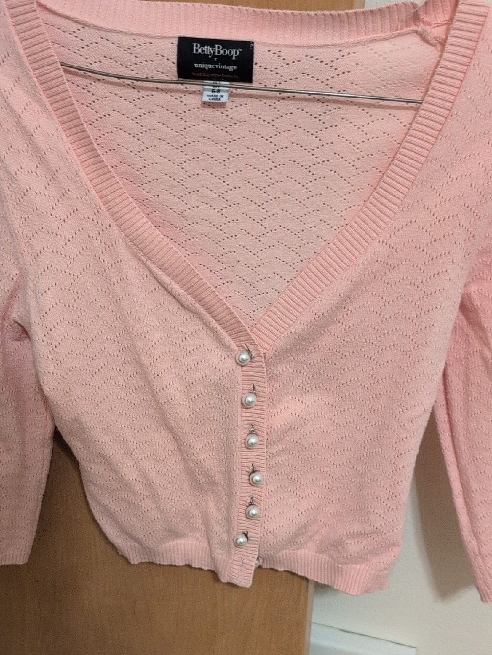 Betty Boop X Unique Vintage Pink Openwork V-Neck Cardigan with Pearl Buttons